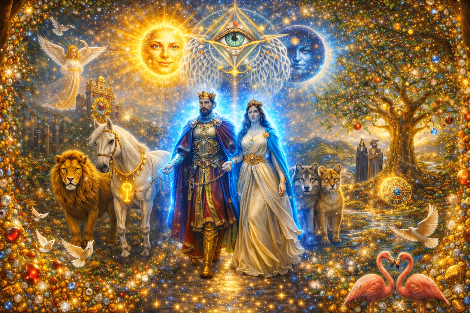 Caminho da realeza espiritual — sol, lua, leões e pombas